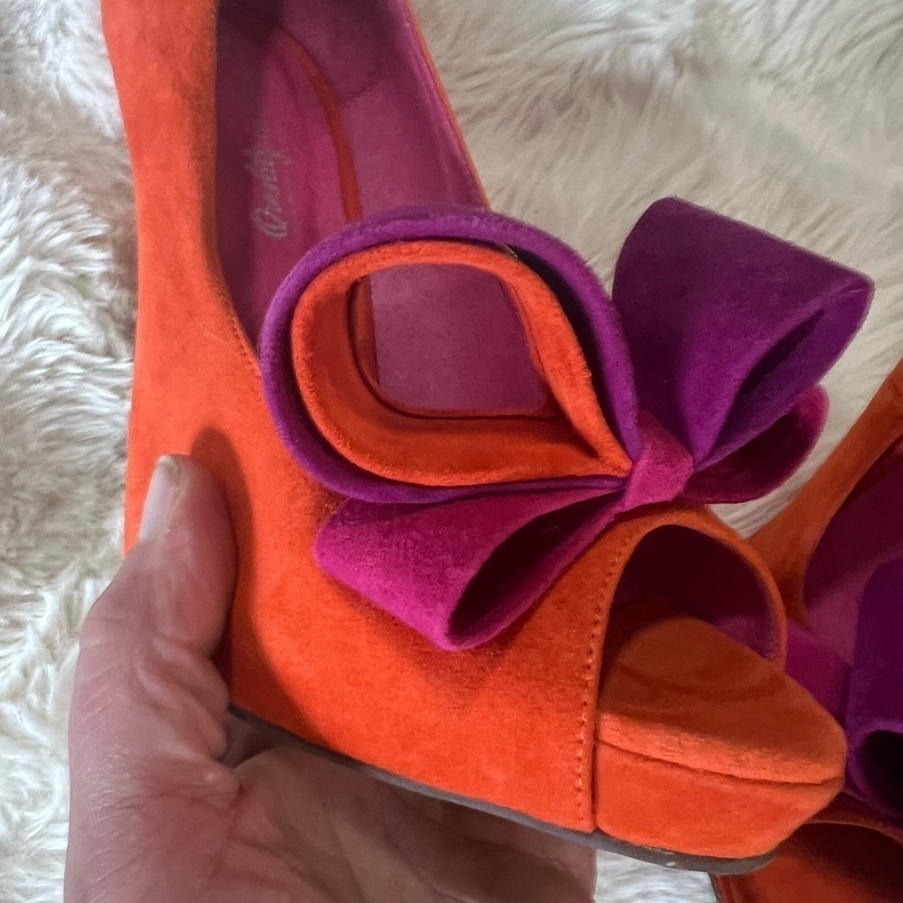 Jeffrey Campbell Orange Fuschia Purple Suede Bow Platform Heels 9.5 - Picture 3 of 12